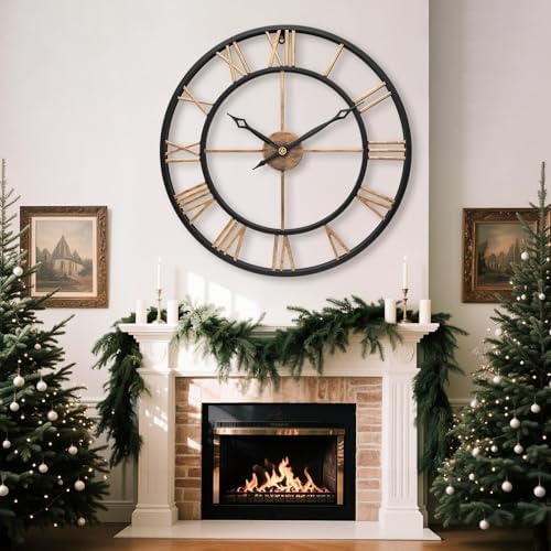 24 Inch Metal Large Wall Clock with Vintage Gold Roman Numerals - Image 3