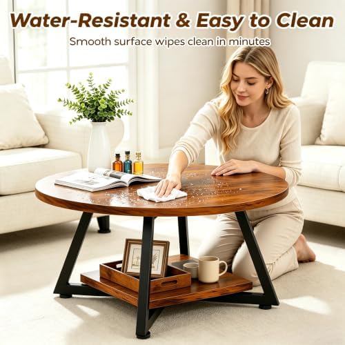 Coffee Tables for Living Room, 27.6" Round Coffee Table, Brown Coffee Table - Image 7