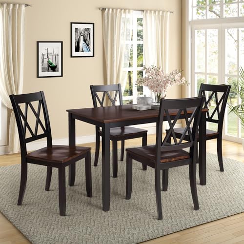 Harper & Bright Designs 5-Piece Wood Dining Table Set for 4, Kitchen Furniture Set with 4 High Back Dining Chairs for Small Places, Espresso+Black by HarperBrightDesigns