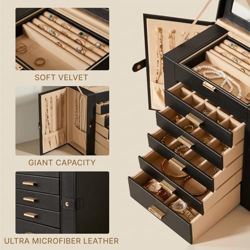 Large Leather Jewelry Box for Women, Mirror, 6 layer, Black - Image 5