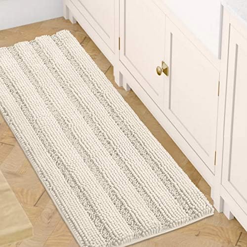 H.VERSAILTEX Bath Rugs for Bathroom Non Slip Bath Mats Extra Thick Chenille Striped Bath Rug Runners 47" x 17" Absorbent Fluffy Soft Shaggy Mats Dry Fast Plush Area Carpet for Bath Room - Ivory by HVERSAILTEX