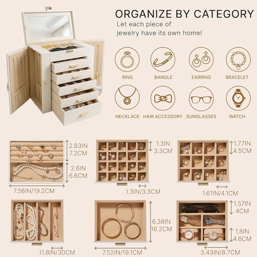 Large Leather Jewelry Box for Women, Mirror, 6 layer, White - Image 3
