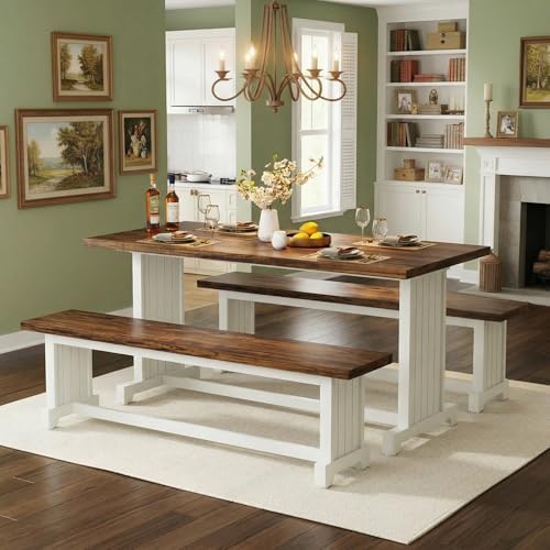 Tribesigns 47" Dining Table Set for 4, 3-Piece Kitchen Room Table with 2 Benches, Farmhouse Wood Dinner Furniture for Small Space, Home Living Room, White & Rustic Brown by Tribesigns