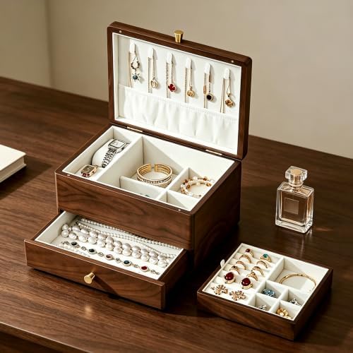 Black Walnut Wooden Jewelry Box with Feet, 3 Layer Organizer for Women - Image 3