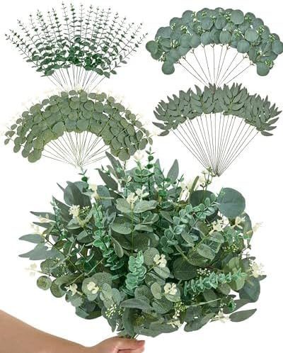 Alecono 75pcs Mixed Eucalyptus Leaves Stems Bulk, 4 Kinds Artificial Greenery Stems Faux Sliver Dollar Fake Greenery for Centerpieces Wedding DIY Bouquets Floral Arrangement Party Decor by AleconoBetterYourLife