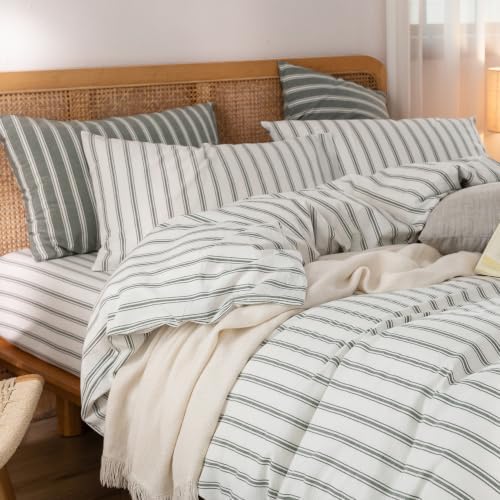 BESTOUCH Striped Cotton Duvet Cover Set Linen Feel King - Image 2