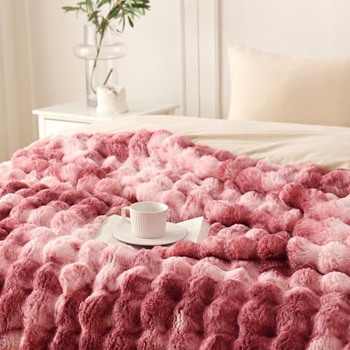 COOVA Soft Bubble Faux Fur Throw Blanket, 50"x60", Tie-dye Magenta - Image 3