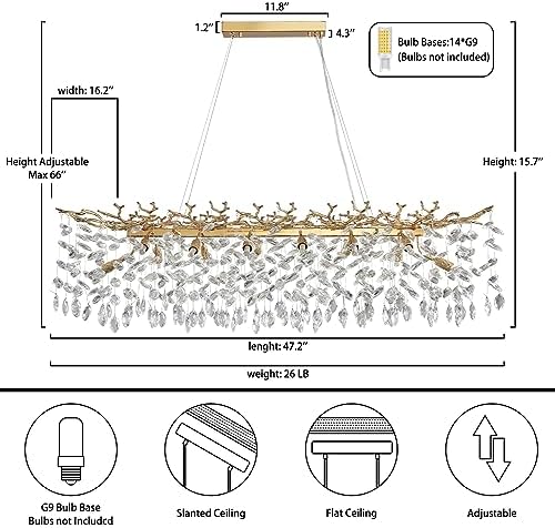 47.2" Modern Crystal Chandelier, 14-Light Gold Tree Branch Chandelier for Dining Room, Luxury Rectangular K9 Crystal Raindrop Chandeliers Light Fixture for Kitchen Island, Living Room, Foyer, Bedroom - Image 4
