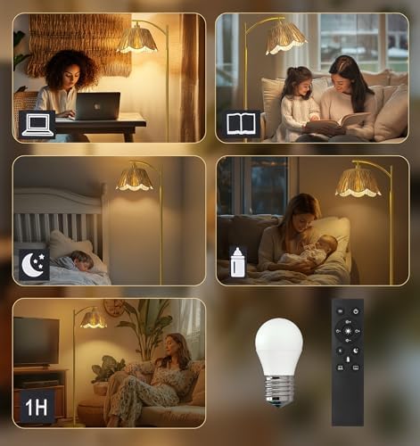 Oneach Boho Floor Lamp with 3 Color Temperatures, Farmhouse Floor Lamps for Living Room with Remote & Dimmable Bulb, Rattan Floor Lamp for Bedroom, Gold - Image 6