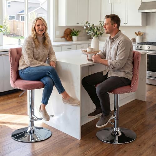 SoarFlash Velvet Bar Stool Set of 2, Adjustable Swivel Bar Stools with Silver Plated Metal Leg, Button Tufted, Footrest, Chrome Nailhead, Counter Height Chair for Kitchen,Dining Room (Pink) - Image 4