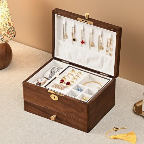 Black Walnut Jewelry Box for Women, 3 Layer Top Lock Wooden Organizer Case - Image 4