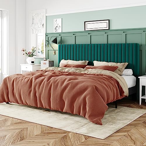 Allewie King Bed Frame, Velvet Upholstered Platform Bed with Adjustable Vertical Channel Tufted Headboard, Mattress Foundation with Strong Wooden Slats, Box Spring Optional, Easy Assembly, Teal by Allewie