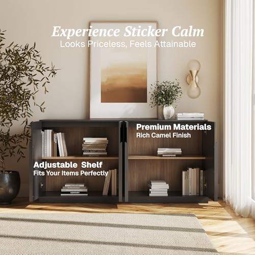 BELLEZE Bijou 64" Modern Buffet Sideboard, Mid-Century Arch Carved Wood Door Cabinet, Textured Storage Console for Living Room, Kitchen, Entryway - Ebony - Image 4