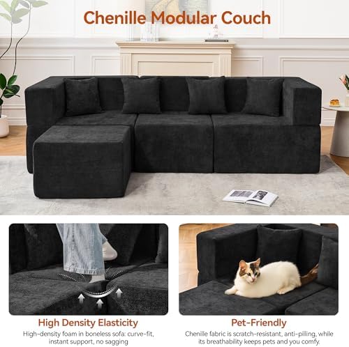 MONVANE 103'' Modular Sectional Sofa, Comfy Chenille Cloud Couch with Ottoman, Modern Convertible L Shaped Couch with Deep Seat, Sectional Couches for Living Room, Bedroom and Apartment, Black - Image 5