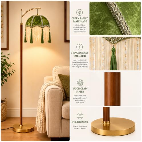 Vintage Floor Lamp for Living Room,Wood Gold Remote Dimmable Standing Lamps with Victorian Fringe Green,Arc Corner Tall Floor Light for Bedroom,Office,Boho Farmhouse Mid Century Modern Decor - Image 4