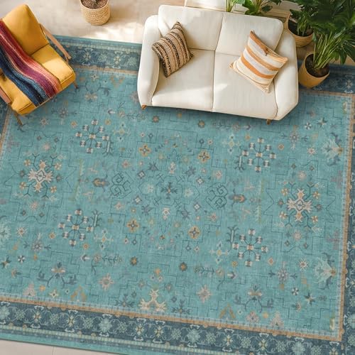 Teal 7x10 Large Rug for Living Room, Washable Soft Area Rugs for Bedroom Under Bed, Dining Room, Floral Pattern Vintage Turquoise Décor Indoor, Non Slip Low Pile & Soft Carpet - Image 6