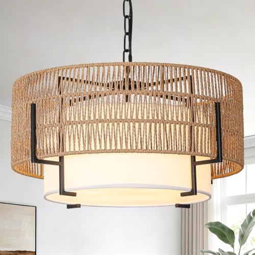 4-Light Rattan Chandelier, 19.7" Large Boho Hand Woven Pendant Light by SupMaka