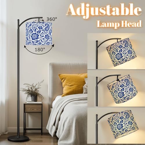 Arc Floor Lamp Floral Swirling Blue White Design Dimmable Modern Standing Lamp with Remote Adjustable Drum Shade Footswitch Tall Pole Lamp for Living Room Bedroom - Image 3