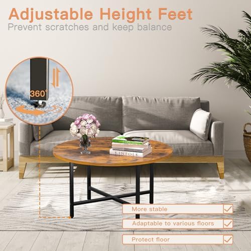 Coffee Table, 23.6" Round Coffee Table, Rustic Brown Living Room Tables - Image 6