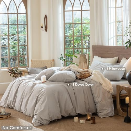 MooMee Wavy Striped Duvet Cover Set 100% Washed Cotton Linen Like Textured Breathable Durable Soft Comfy (Light Grey, Twin 68"x90") - Image 2