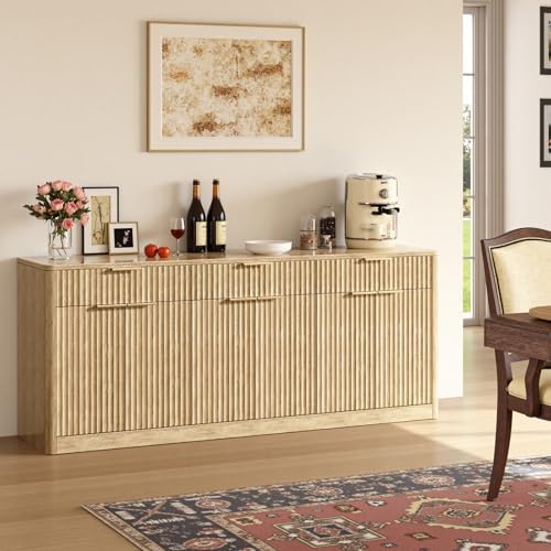 Evermagin 67" Fluted Oak Sideboard Buffet Cabinet with 3 Drawers by Evermagin