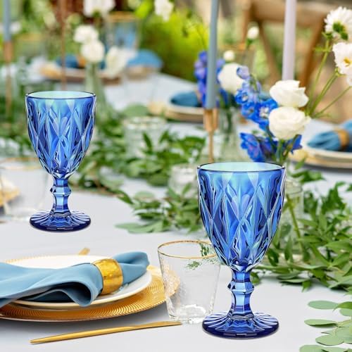 Yinder Glass Goblet Vintage Wine Goblet Embossed Glassware 10 oz Solid Color Glass Stemmed Cups for Iced Tea Beverage Soda Juice Water Liquor and Party Wedding Bars Restaurants (Blue,12 Pack) - Image 5