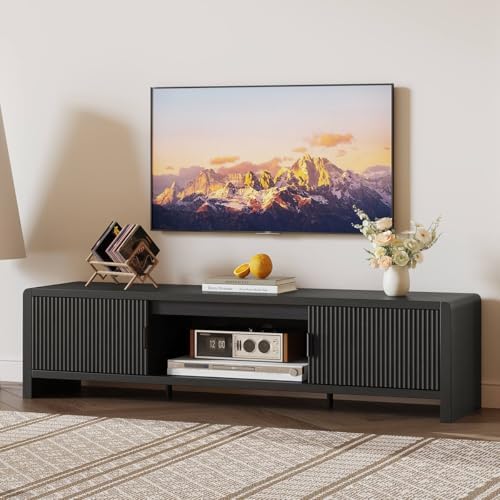 FATORRI TV Stand for 75/65/55 Inch TVs, Mid Century Modern Entertainment Center with Storage, Wooden Television Media Console Cabinet with Fluted-Door for Living Room, Bedroom (63 Inch W, Black) - Image 2