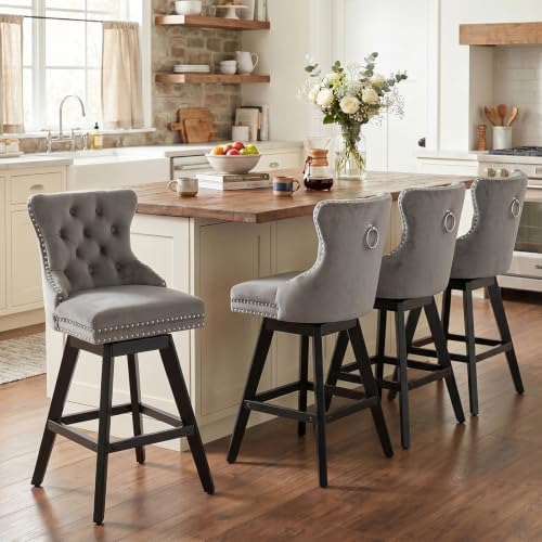 SoarFlash Kitchen Swivel Bar Stools with Solid Wood Legs Upholstered Counter Stools Set of 4, Grey by SoarFlash