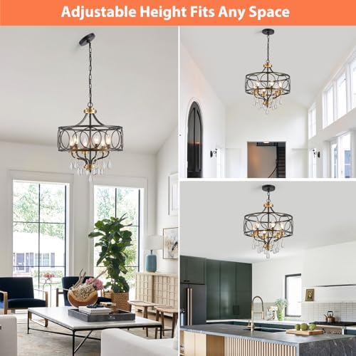 Crystal Chandeliers for Dining Room,17.7" Black and Gold 6 Lights Hanging Pendant Lighting Fixture Metal Farmhouse Chandelier for Kitchen Island Entryway Living Room - Image 6