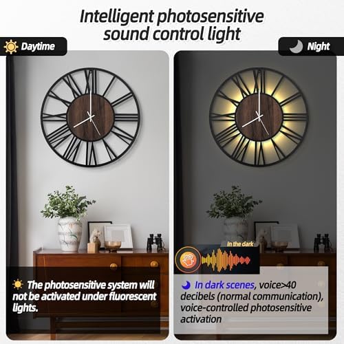 LEIKE Large Wall Clocks with Night Light Battery Operated,Silent Non Ticking,Rustic Modern Big Wood Clock for Living Room, Bedroom,Kitchen,Farmhouse,Office,Home Decor-20 Inch(Roman Numerals) - Image 2