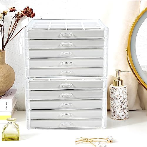 ProCase Earring Holder Organizer Jewelry Box with 10 Drawers, Acrylic Clear Earring Case with Adjustable Velvet Trays for Women - Warmwhite,10 Layers - Image 6