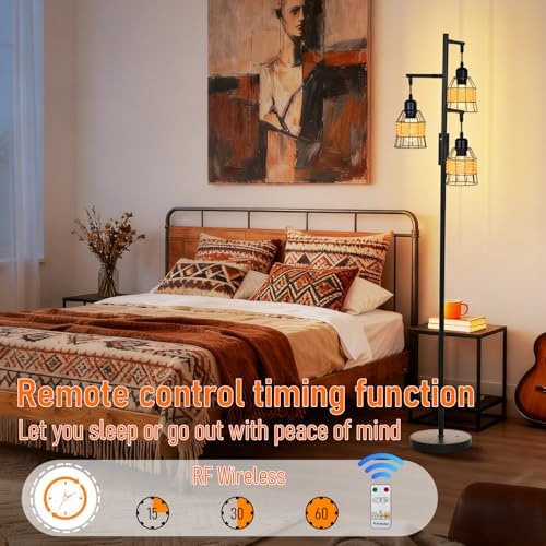 Rattan Boho Rechargeable Cordless Floor Lamp with Remote Dimmable 3 Bulb Edison E26 Brown Warm Light Vintage Standing Lamp for Bedroom,Outdoor,Living Room Rustic,Patio,Farmhouse,60.6" Black - Image 3