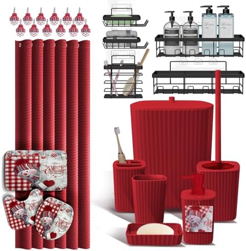 Clara Clark Bathroom Set - Christmas Bathroom Accessories Set, 27PC Bathroom Accessory Set, Christmas Bathroom Sets with Bathroom Rugs, Adhesive Corner Shower Caddy Hanging, Toilet Brush & Trash Can by ClaraClark