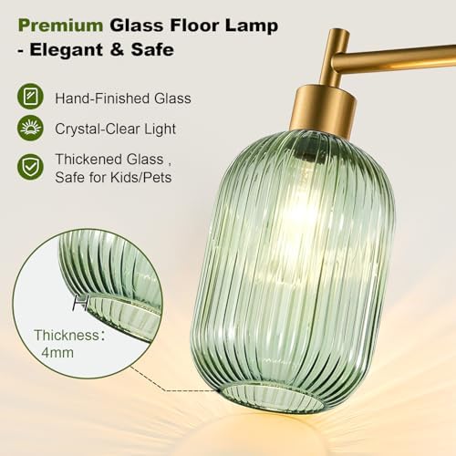 【Upgraded】 Dimmable Floor Lamp for Living Room with Green Ribbed Glass Lampshade, Gold Modern Floor Lamp with 900LM LED Bulb Included, Arc Standing Tall Lamp for Bedroom, Office, Reading Room, Corner - Image 3