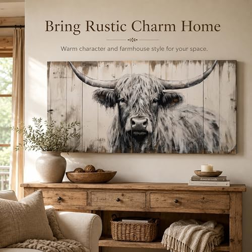 Large Highland Cow Canvas Wall Art, Black and White Cow Picture, 24x48 Inch - Image 2