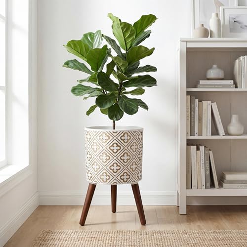 naclto 10 Inch Planter with Stand, Plant Pot for Indoor Plants, Large Modern Flower Pots Indoor Outdoor with Drainage for Home Garden Patio, White ＆ Gold - Image 3
