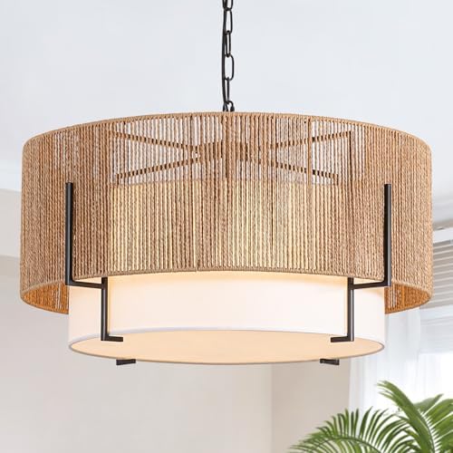 25.6" Large Rattan Chandelier for Dining Room, 6-Light Boho Pendant Light by SupMaka