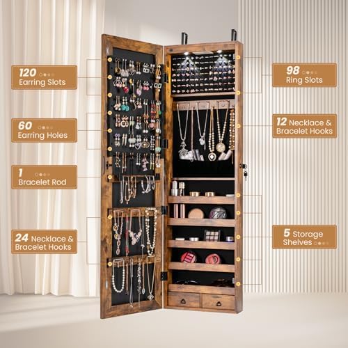 NAFORT 2 LEDs Full Length Mirror with Jewelry Armoire, Jewelry Organizers and Storage with 2 Mounting Options, 47.5”H Jewelry Cabinet with 2 Drawers, Make up & Lockable Jewelry Box, Rustic Brown - Image 2