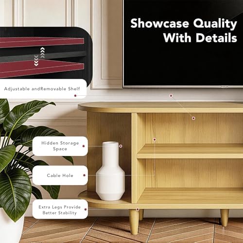 MXV 65" TV Stand with Sliding Doors for Living Room, Mid Century Modern Entertainment Center, TV Console with Fluted Door Cabinets and Power Outlet, Oak - Image 3
