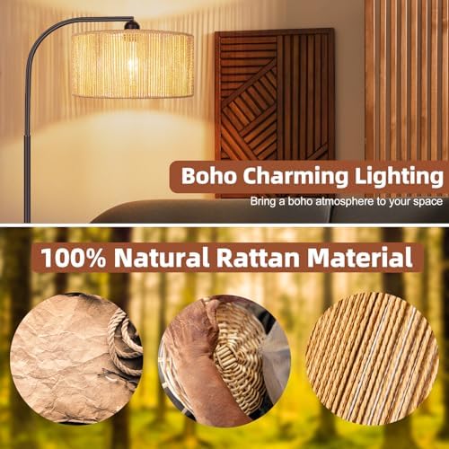 Brilvibera Boho Floor Lamp with Dimmable Bulb Rattan Double Shade Lamp - Image 6
