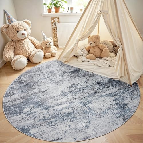 Aelenmu Round Rug 6ft Washable Rug for Dining Room Living Room Blue Grey - Image 4