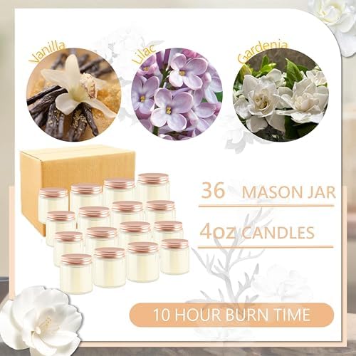 ACITHGL 36 Pcs 4oz Mini Mason Jar Candles Small Scented Candles Bulk Aromatherapy Ideal Souvenir Favors for Wedding Birthday Party (Vanilla, Lilac, Gardenia, Pink) - Image 3