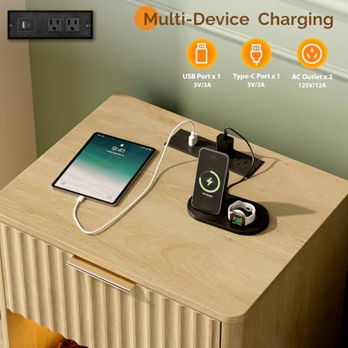 VINGLI Nightstand with Charging Station, LED Nightstand Fluted with Rounded Edge, 19" W Mid Century Modern Night Stand for Bedroom, Fluted Bed Side Table, Oak, 18.9" W*15" D*22.4" H - Image 4