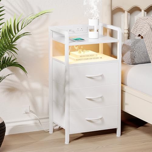 Lazzanto Nightstand with Rear Charging Station, LED Light, 3 Drawers, White - Image 2