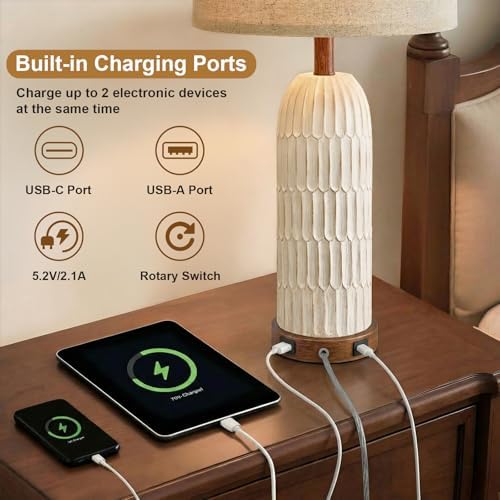 OYEARS 26.5" Bedside Table Lamps Set of 2, Farmhouse Table Lamp with USB A+C Charging Ports,Vintage Nightstand Lamp for Bedrooms and Living Rooms, Retro Resin End Table Lamp with Linen Shade, Brown - Image 2