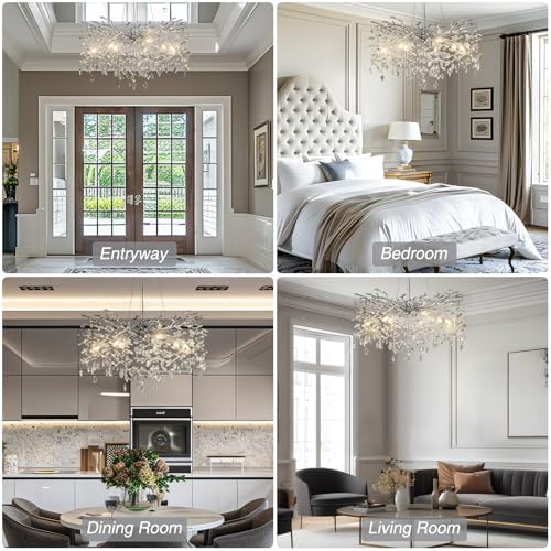 30" Modern Crystal Chandelier, 10-Light Silver Tree Branch Chandeliers, Luxury Round K9 Crystal Raindrop Chandelier Pendant Lighting for Dining Room, Living Room, Foyer, Entryway, Kitchen, Bedroom - Image 2