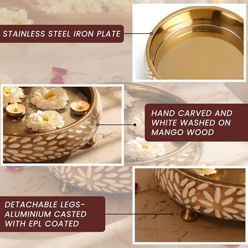 RITUALISTIC Vrinda Handcarved Wooden Urli Bowl (11.5 inches) | Mango Wood with Floral Sacred Carving & Detachable Legs | Floating Candles, Flowers & Festive Décor | Diwali Housewarming Premium Gift - Image 3