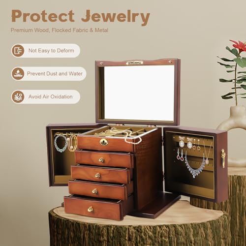 Large Wooden Jewelry Box with Mirror and Lock, 5 Layers Locking Jewelry Organizer, Watches Necklace Ring Storage Box for Women - Image 6