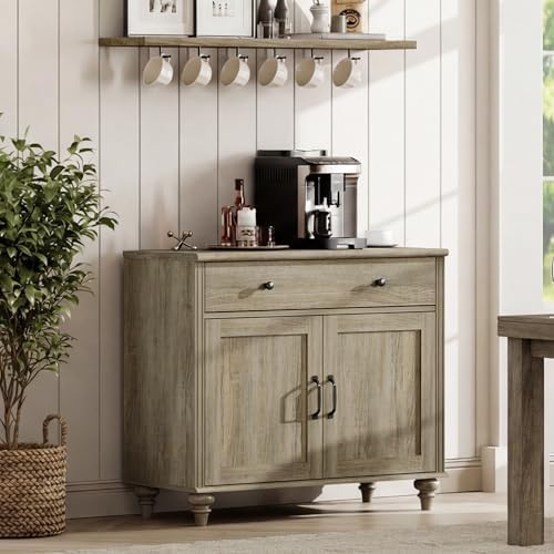 WAMPAT Farmhouse Buffet Cabinet with Doors & Drawer, Wash Grey, 34 inch by WAMPAT