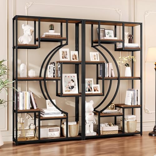 HolliWill 70.8" Tall Bookshelf Set of 2, 79" Wide Geometric Display Shelf with 18 Open Storage Shelves, Etagere Bookcase with Metal Frame – Anti-Tip & Adjustable Feet, Rustic Brown - Image 4